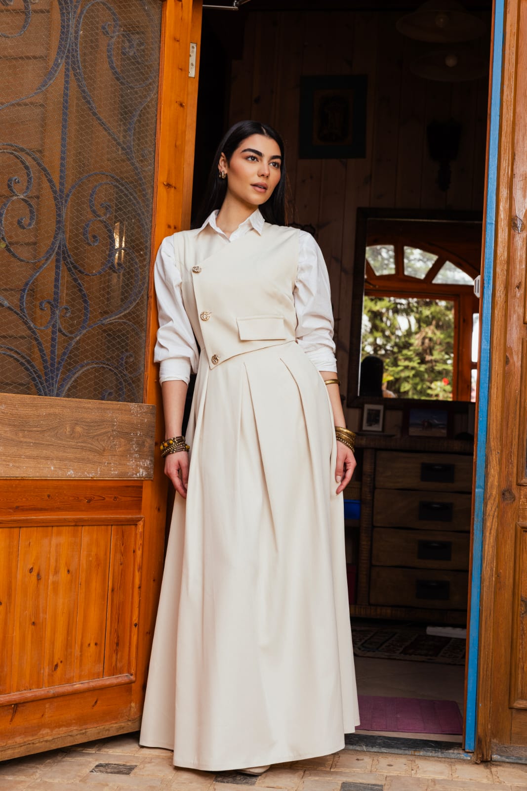 Gold buttoned dress Beige