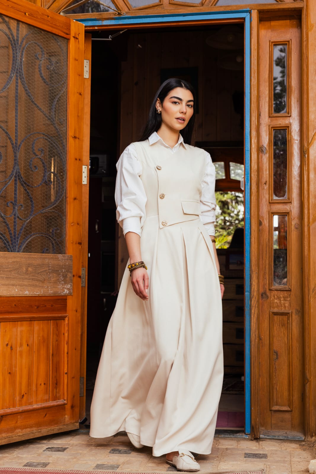 Gold buttoned dress Beige