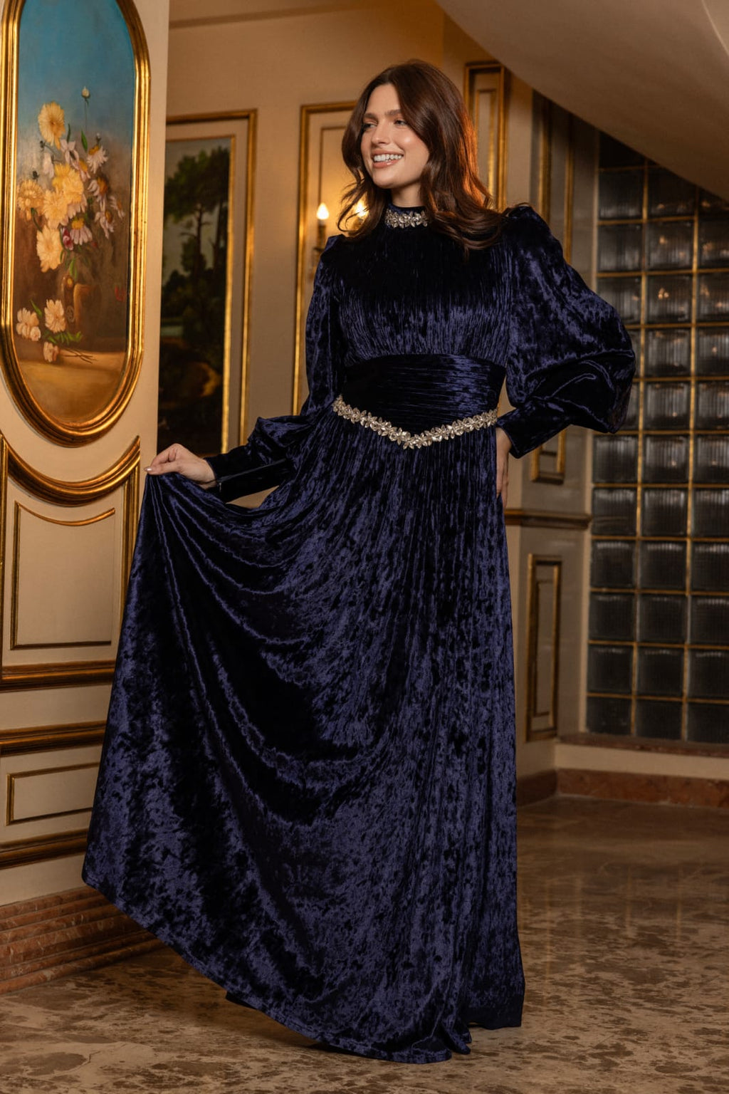 Crystal draped dress Navy Blue